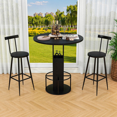 Ensemble de table de salle à manger 3 pièces, table de salle à manger ronde avec rangement et 2 tabourets de bar pour la salle à manger