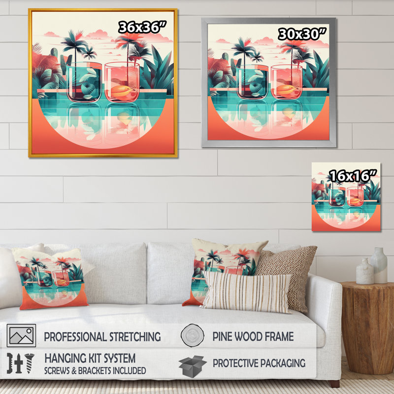«Orange Green Tropical Drinks In Paradise», reproduction d'art sur toile, H 16 po x l 16 po x P 1 po, Cadre flottant doré