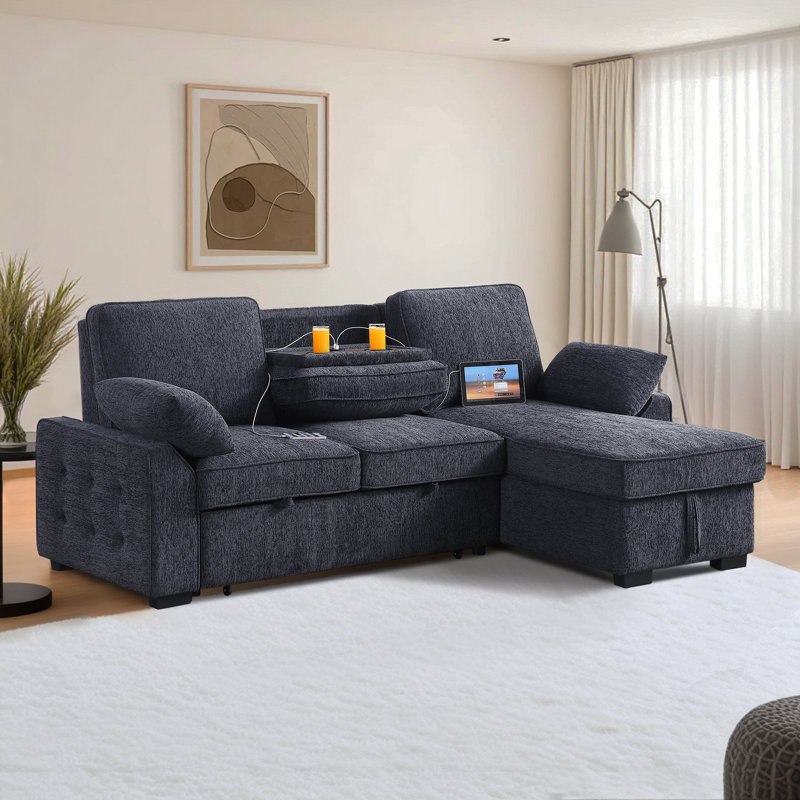 Canapé-lit modulaire coulissant 89 po avec méridienne réversible avec rangement et porte-gobelets, Grey