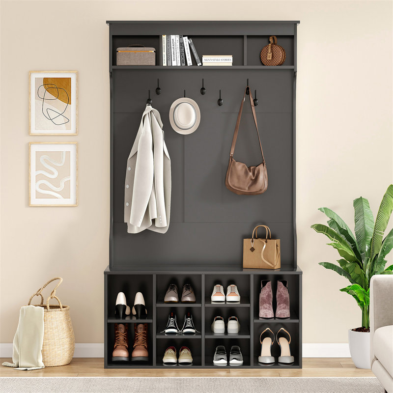 Arbre d'entrée 70,9 pouces avec banc et rangement pour chaussures pour la boue, Noir
