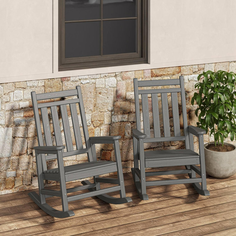 Rocking Chair Outdoor Set Of 2- HDPE High Back Porch Rocker Chairs For Adults - All Weather Resistant Furniture For Patio - Gray