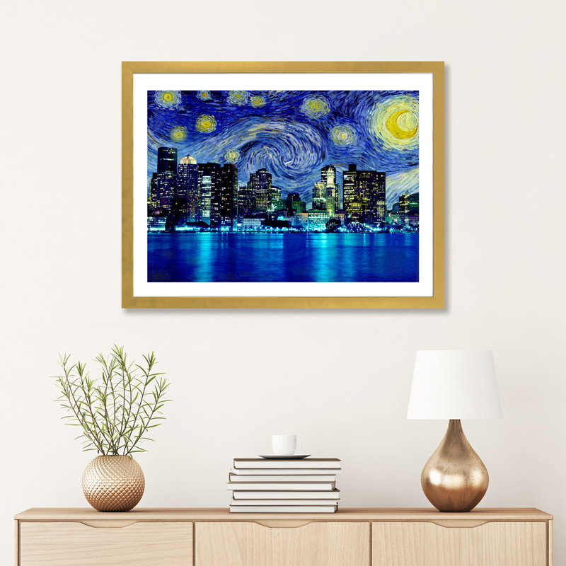 Boston, Massachusetts, nuit étoilée, impression d'art graphique, H 24 po x l 32 po x P 1 po, Papier encadré doré
