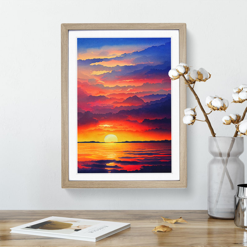 Inquisitive Ocean Sunset - Single Picture Frame Painting, 46cm H x 34cm W x 2cm D, Oak