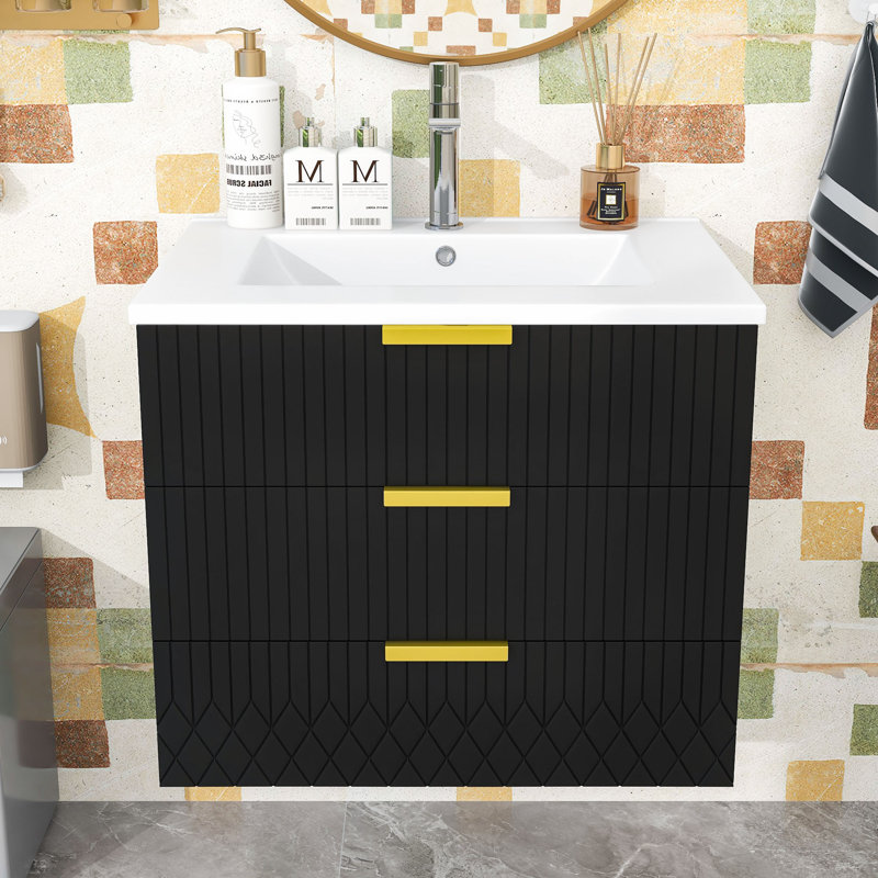 Meuble-lavabo mural avec lavabo en céramique durable, rangement spacieux et poignées élégantes en forme de L, Noir