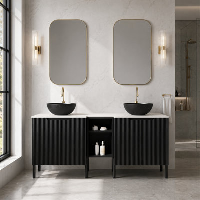 Meuble-lavabo double autoportant de 60 po avec motif de pierre noire, comptoir blanc Carrara, 2 armoires, tablette ouverte, robinet non inclus
