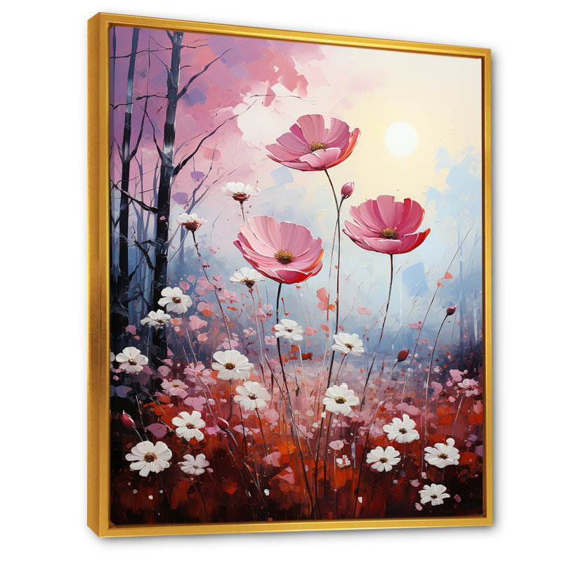 «Pink Crimson Floweret Petals» dévoilé sur toile, H 32 po x l 16 po x P 1 po, Cadre flottant doré