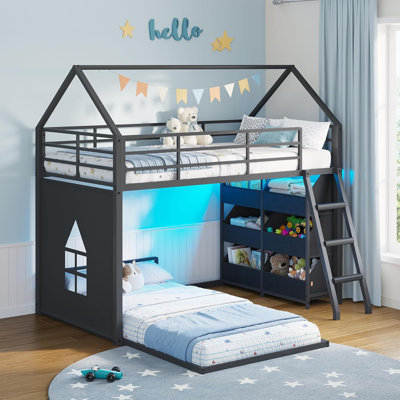 Lit superposé bas simple au-dessus de simple avec 6 tiroirs en tissu ouverts, lit superposé avec éclairage à DEL, lits superposés au sol avec rideau d'intimité, lits superposés simples en L en forme de L avec échelle et garde-corps, noir