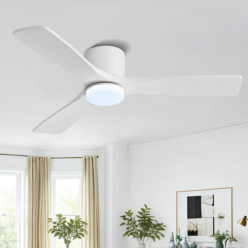 Ventilateur de plafond encastré 48 po 3 pales en bois massif sculpté 6 vitesses CC réversible silencieuse pour l'intérieur avec ensemble de lumière à intensité variable et télécommande