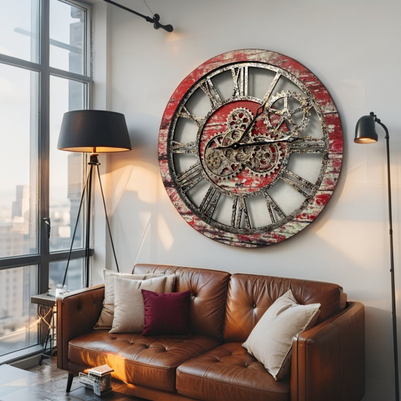 Horloge murale ronde surdimensionnée de 24 po pour le salon avec la collection America, Lave rouge