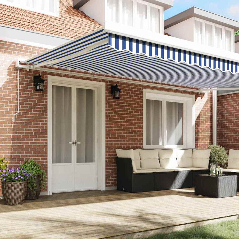Ivy Bronx Fabric Cover Retractable Patio Awning, Blue;White Striped, 500cm H x 300cm W