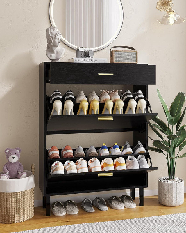 Shoe Storage Cabinet with Dual Flip Drawers, Space-Saving Hidden Shoe Organizer for Entryway, Black