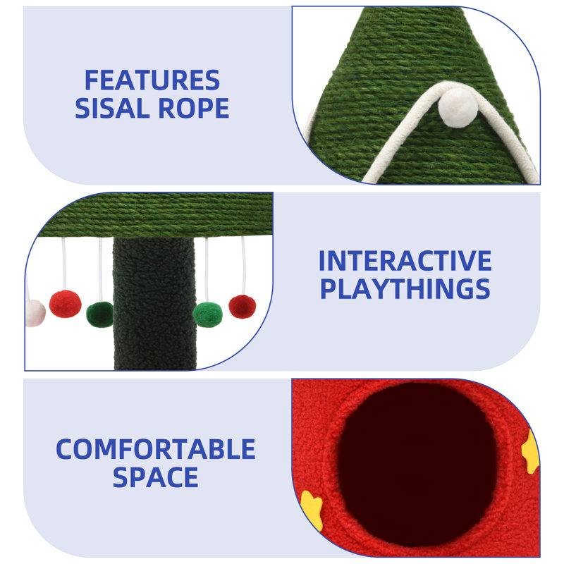 Festive Green and Red Sisal Christmas Cat Tree with Hideaway Cave