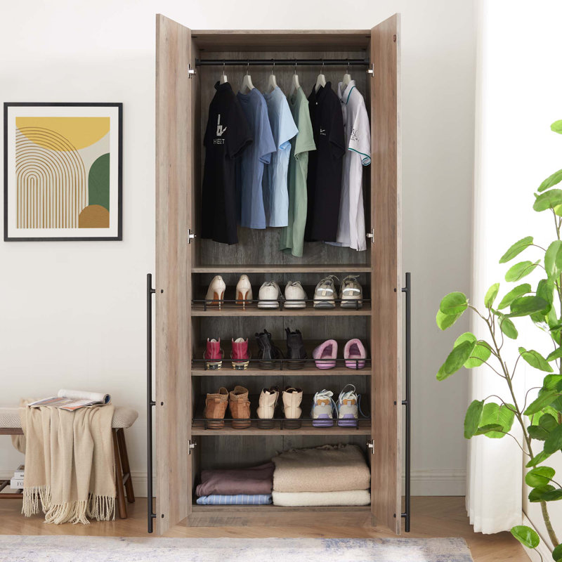 Armoire-penderie autoportante moderne Lee avec 1 tringle, 3 tablettes à chaussures et 1 tablette de base en gris rustique