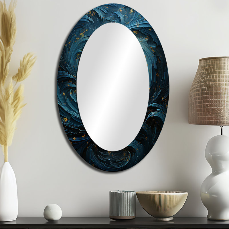 Blue Fury Waves Spiral I - Miroir mural ovale moderne bleu, 36 po x 24 po
