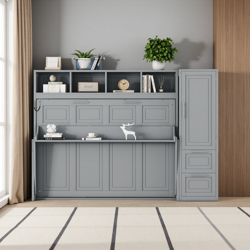 Lit escamotable double avec placard et tiroirs, Gris