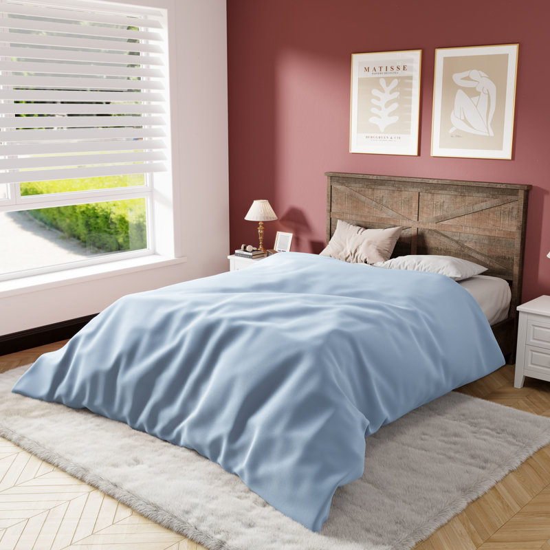 Farmhouse Queen Size Bed, Wood Platform Bed Frame And High Headboard, Light Brown, Light Brown