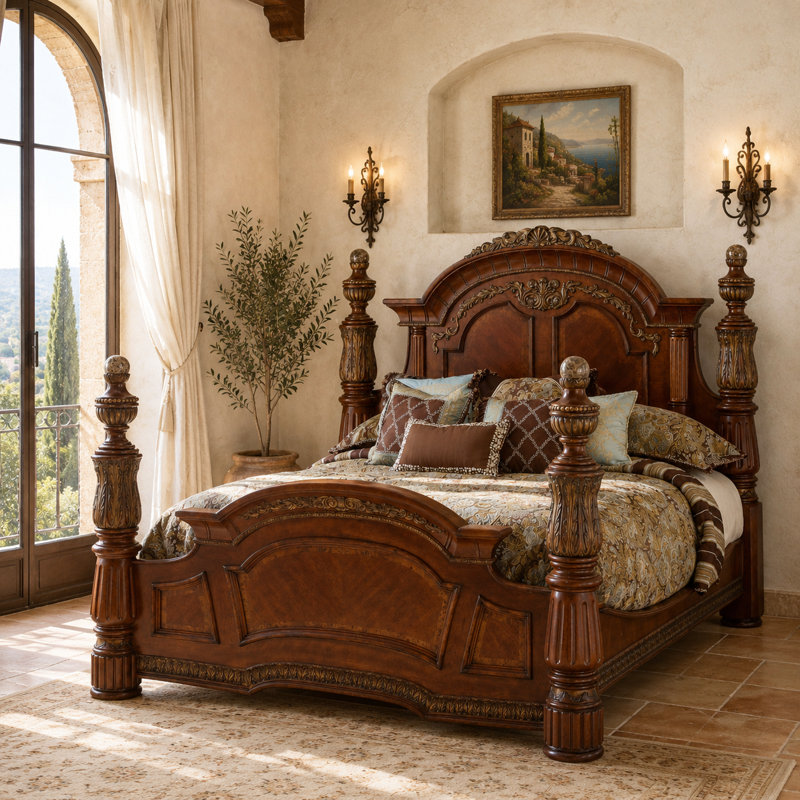 Villa Valencia King Wood and Marble Poster Bed, King