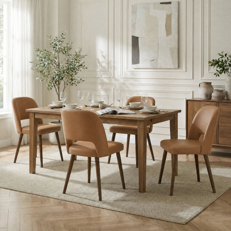 Ensemble de 4 chaises d'appoint rembourrées en similicuir avec pieds en bois massif pour salle à manger, 4, Brun