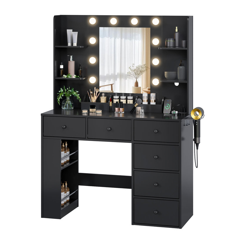 Lighted Vanity Table - 10pcs 3-Color Dimmable Bulbs, 6 Drawers, Power Strip, Black