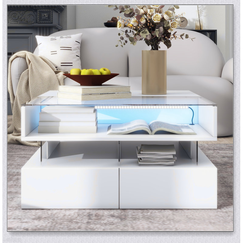 Table basse à plateau relevable avec 2 tiroirs, conception carrée moderne, finition ultrabrillante et lumières DEL pour le salon