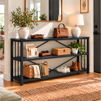 55“ Industrial Console Entryway Table, Farmhouse 3 Tier Shelf Long Hallway Foyer Entry Tables Behind Couch, Sofa Table for Home Living Room Entryway