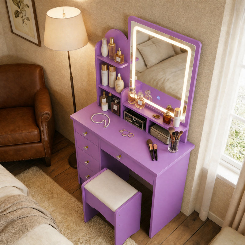 Artilus Vanity Set with LED Mirror & Stool, Purple