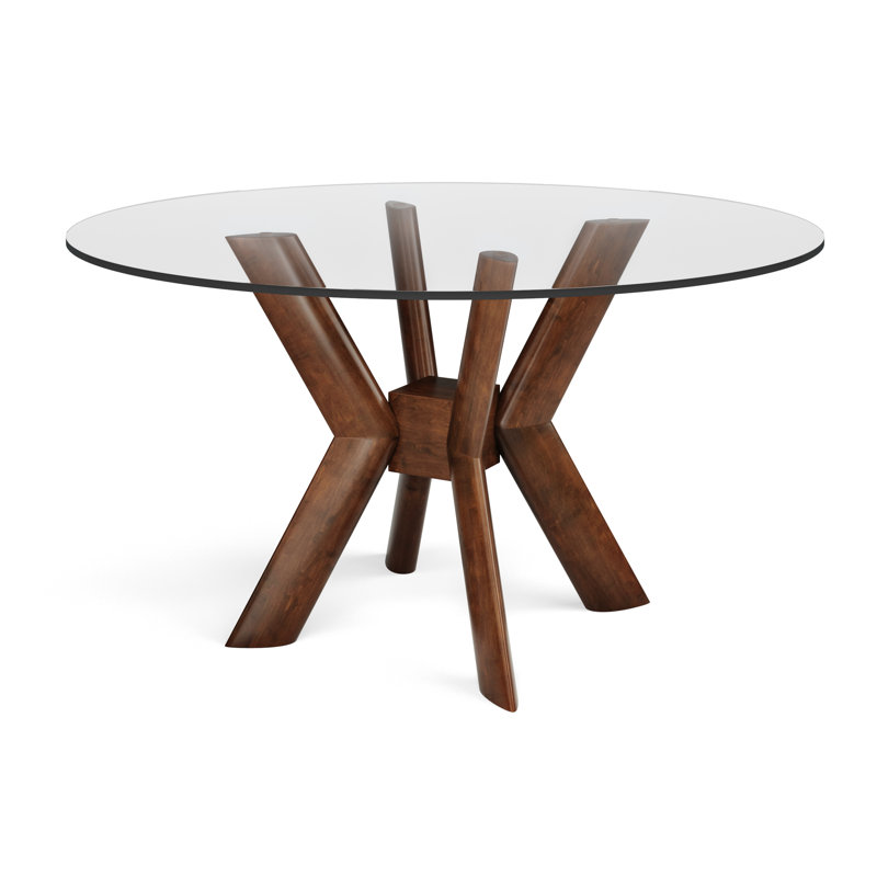 Gysbert Round Glass Top Solid Wood Base Dining Table, Walnut, 54" W x 54" L