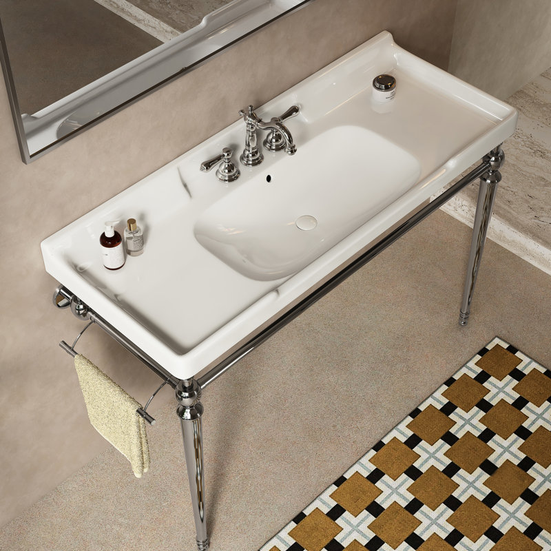 Lavabo de salle de bain de 122 cm (48 po) en céramique blanche, 3 trous de robinetterie, pattes de support en acier inoxydable avec porte-serviettes, lavabo intégré haute performance, finition, meuble-lavabo en céramique à emballer soi-même, couleur
