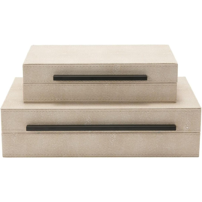 Sagala Set Of 2 Ivory Shagreen Decorative Boxes With Handles, Faux Leather Jewelry Boxes Modern Storage Boxes Photo Boxes Memory Boxes Home Organizer Box