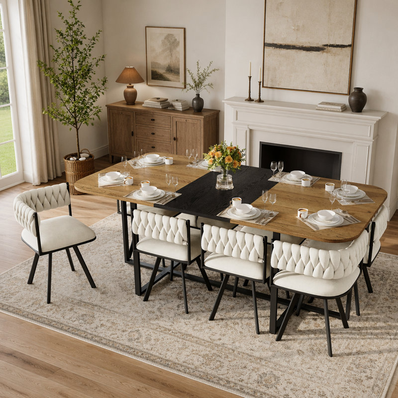 Ensemble de table de salle à manger 9 pièces carrée avec grain de bois bicolore et chaises en velours beige, idéal pour les réunions de famille et les cuisines modernes