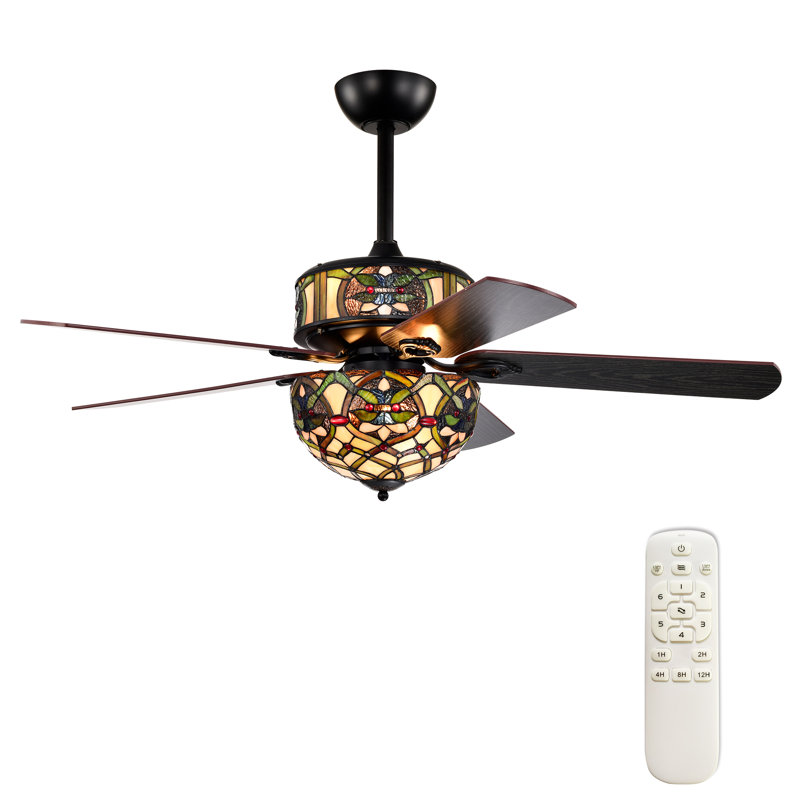 Parponk 52-Inch Flushmount Two-Tiered Lighted Ceiling Fan Green Hatch Tiffany Glass Lamp Black Finish