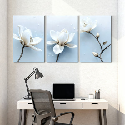 Ensemble de 3 tableaux muraux modernes sur toile tendue représentant des fleurs de magnolia blanches, pour salon, chambre ou intérieur.