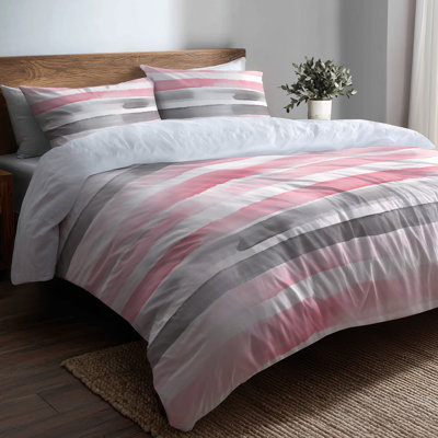 Ensemble d'édredon moderne 6 pièces - Ensemble de literie à rayures rose et gris Whisper Stripes