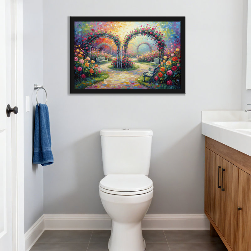 Scène de banc avec sentier floral, Toile tendue, Ne s’applique pas, H 24 po x l 36 po