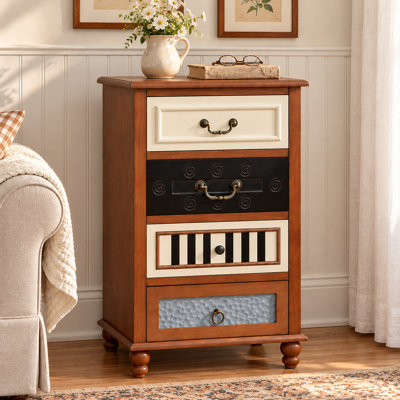Cayden Vintage Eclectic Accent Chest with 4 Hand-Carved Drawers, Warm Walnut Wood Cabinet