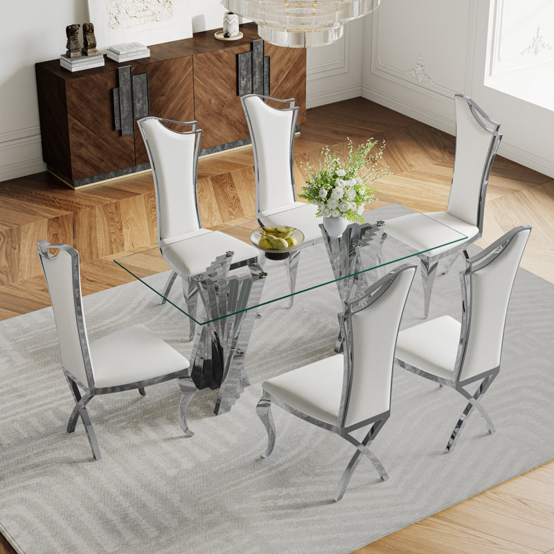 Ensemble repas, Argent argent, Blanc / argenté, 7 pièces : table, 6 chaises