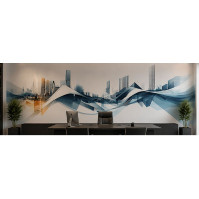 Modern Cityscape Wall Sticker, Abstract Blue Office Wall Decal, Geometric Skyline Mural, Corporate Business Wall Decor 679MV