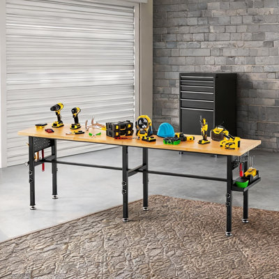 Établi en bois massif de 96 pouces avec hauteur réglable, panneau perforé et prise de courant, noir classique, pour le garage