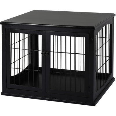 Small Dog Kennel Furniture, Firm Lockable Crate, Black Table, Sized With Double Openings, Door For Puppy Indoor Cute And