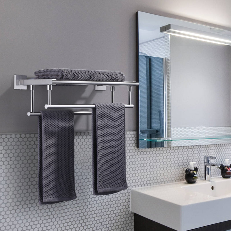 Porte-serviettes mural en acier inoxydable à 2 niveaux avec 2 barres à serviettes rondes 20 po, H 5,5 po x l 20 po x P 8 po
