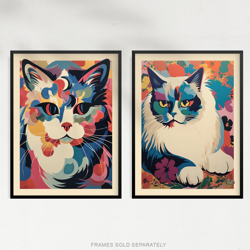 Matisse Style Cat Art Colourful Pastel Pussycats - 2 Piece No Frame Print Set