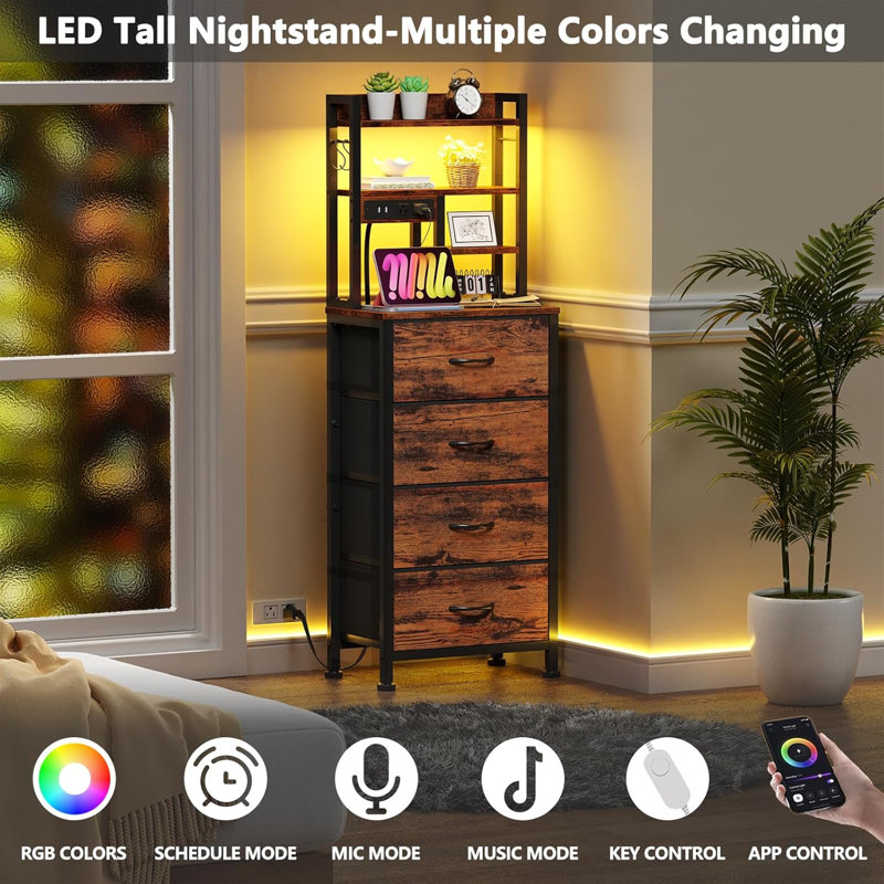 Nightstand with 4-Drawer LED Charging with 2 USB Ports & 2 Outlets, 2 Shelves, Adjustable Height for Bedroom, Brown