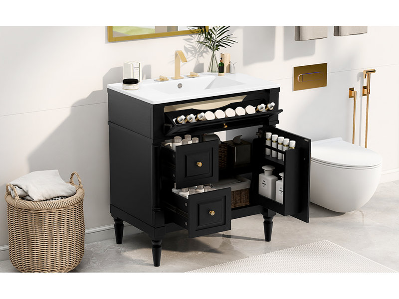 Meuble-lavabo moderne de 30 po avec lavabo en céramique élégant et fabrication en bois d'hévéa durable Yorell, Noir