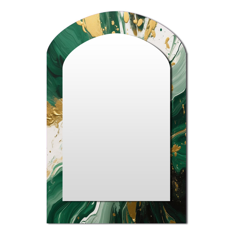 Green and Gold Liquid Magic I - Abstract Asymmetrical Decorative Wall Mirror, Modern Arch Mirror, Printed Metal Art