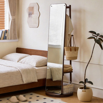 Miroir rotatif pleine grandeur avec portemanteau, miroir de rangement autoportant en bois massif pour le salon de la chambre à coucher