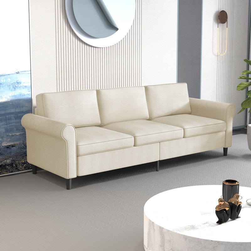 Modern Linen 3-Seater Sofa with Wooden Frame for Apartment, Beige Linen Blend 1