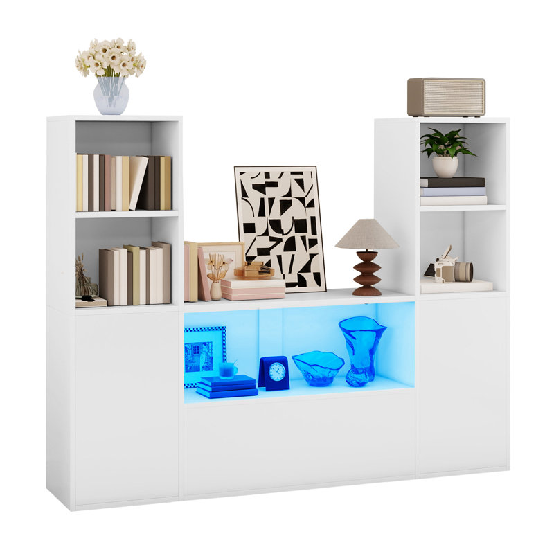  4-Tier U-Shaped Castle Bookcase With LED Lights & Cabinet, White Cube Storage Organizer With Adjustable Shelves