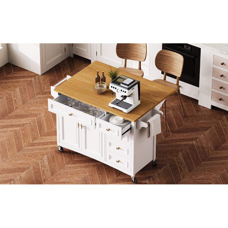 Îlot de cuisine 52 po avec abattant, îlot de cuisine à texture gaufrée sur roulettes avec porte-épices, porte-serviettes, 2 portes et 5 tiroirs, chariot de rangement avec tablette réglable pour la cuisine, blanc