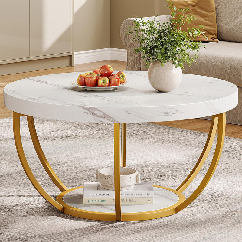 Table basse moderne et ronde, table basse à 2 niveaux avec faux marbre blanc et pieds en métal doré, table d'appoint avec centre de table circulaire pour le salon, blanc et or