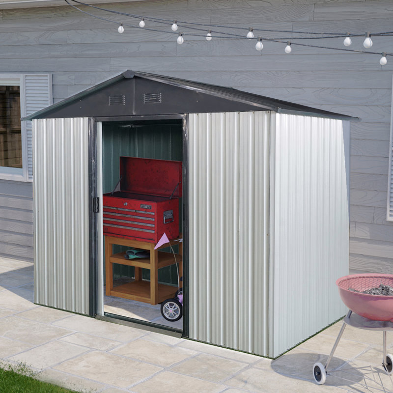 Remise de rangement extérieure en métal 8 pi x 4 pi avec porte coulissante et fondation, Blanc